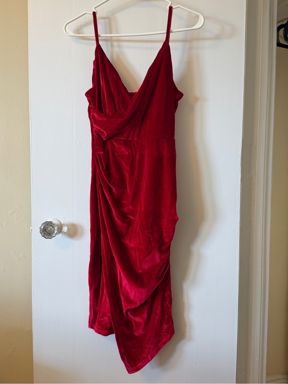 One-Shoulder Red Velvet Draped Dress